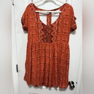 Free People Sundown Orange Geometric Print Babydoll Tunic Mini Dress Size M Boho